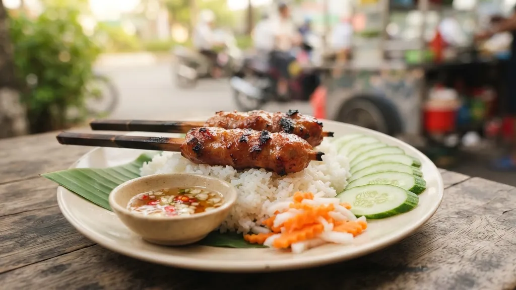 Broken rice with two grilled skewers