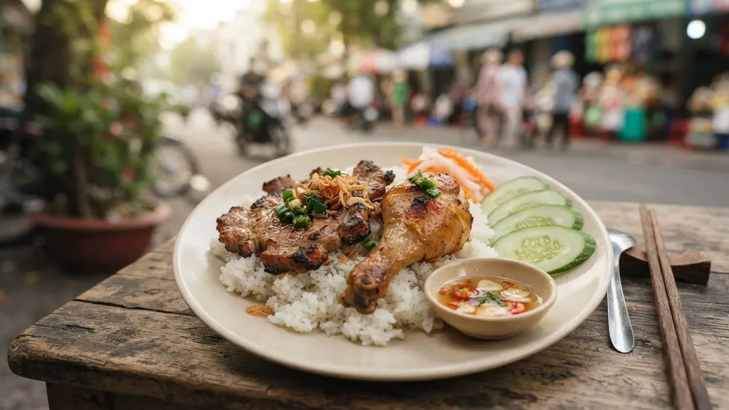 Broken rice with pork and a chicken drumstick