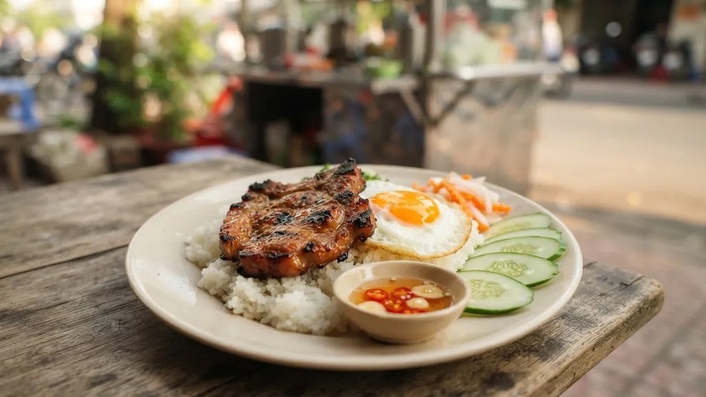 Broken rice with grilled pork chop and fried egg