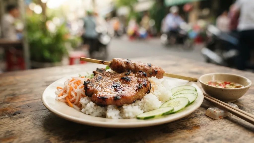 Broken rice with a pork chop and a grilled skewer