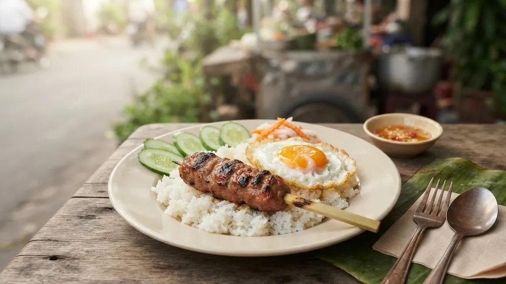 Broken rice with a fried egg and a grilled skewer
