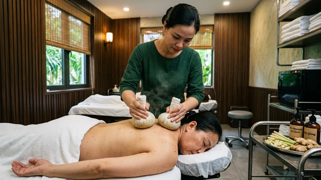 Body massage with herbal compress