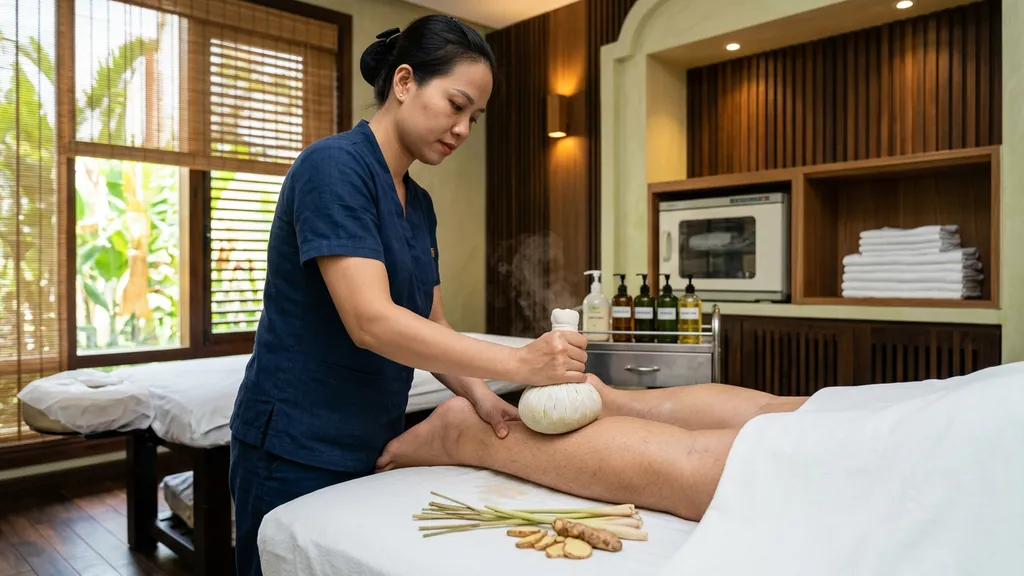 Foot massage with herbal compress