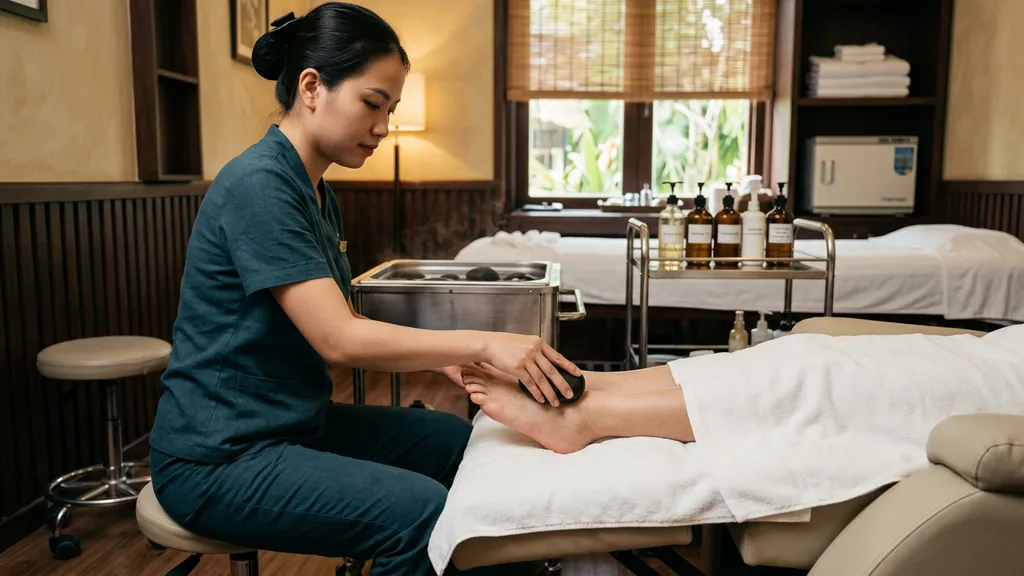 Foot massage with hot stones